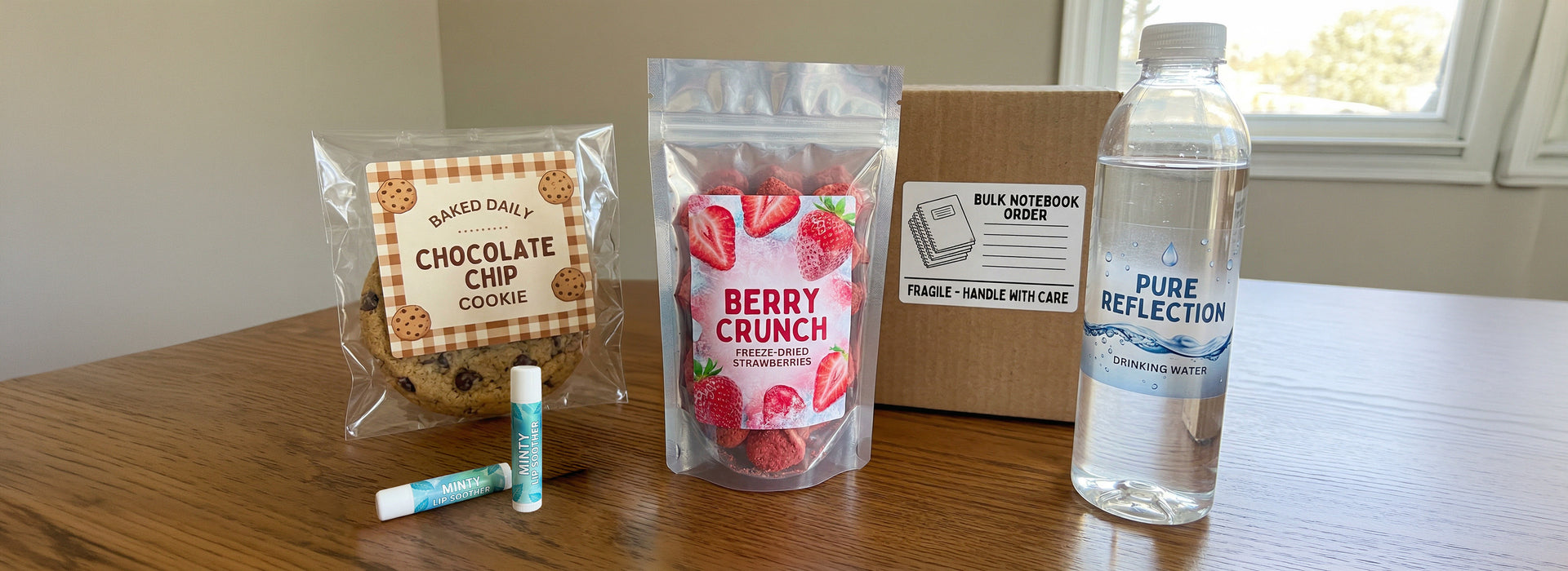 Four items on a wooden surface: a cookie, a bag of raspberries, a water bottle, and chapstick.