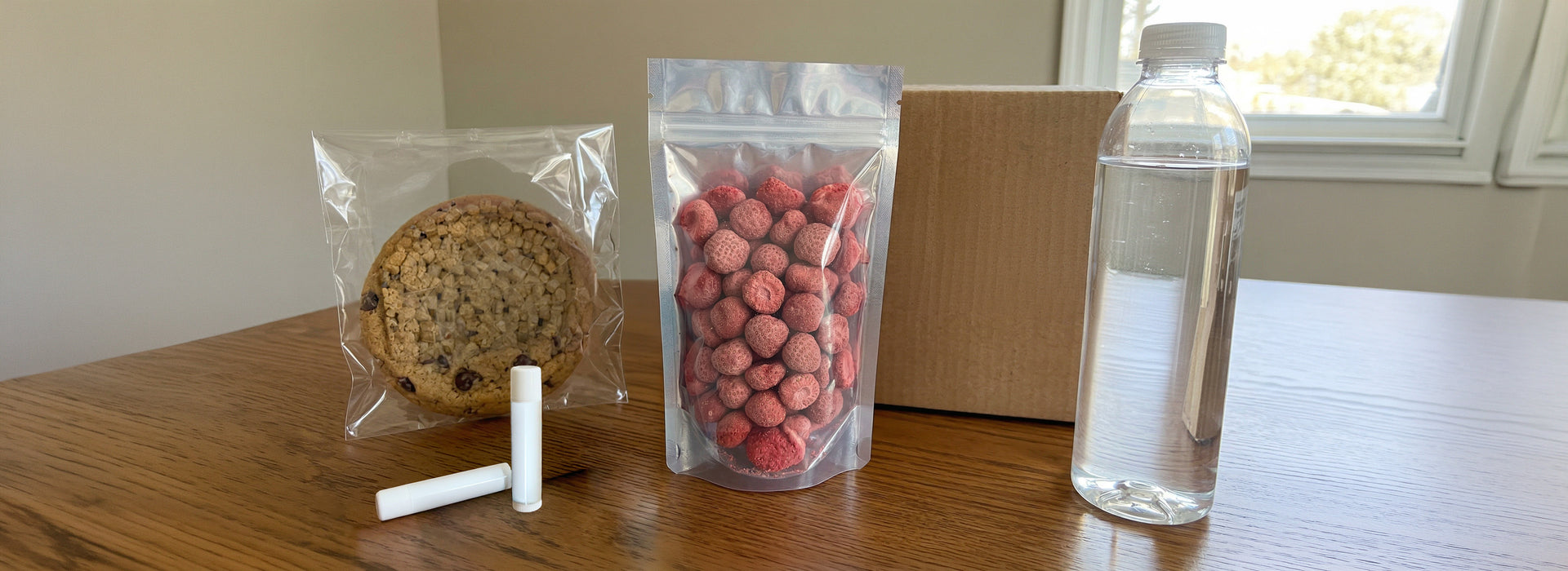 Four items on a wooden surface: a cookie, a bag of raspberries, a water bottle, and chapstick.