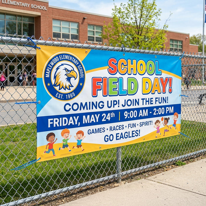 School field day banner on a chain-link fence with a school building in the background