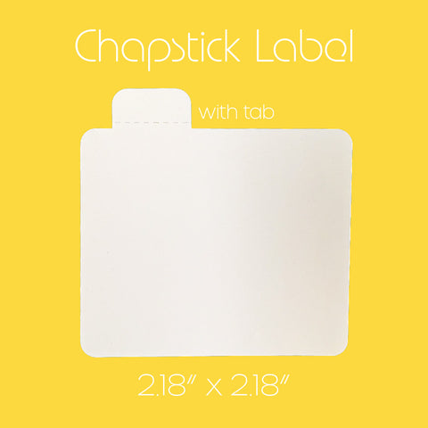 White label with tab on a yellow background, labeled 'Chapstick Label with tab'.
