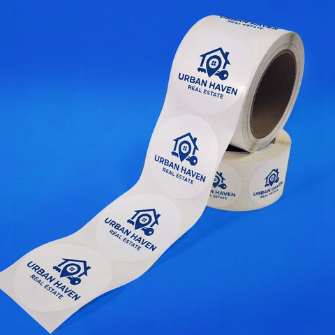Roll of Urban Haven Real Estate labels on a blue background