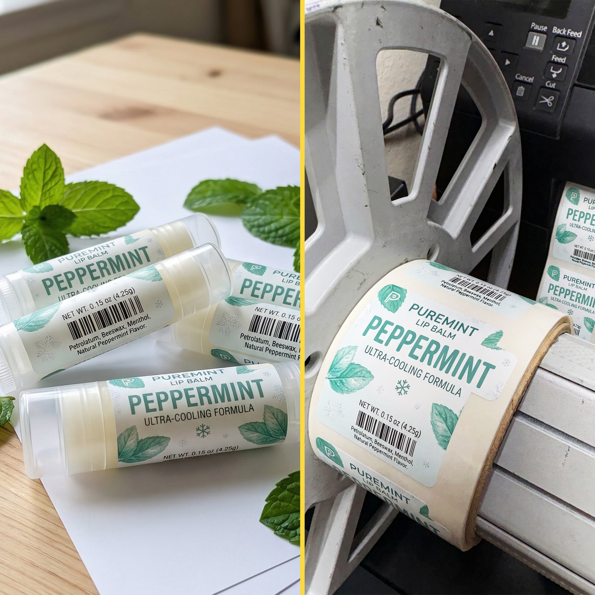 Peppermint lip balm packaging with mint leaves on a wooden surface and a roll of labels.