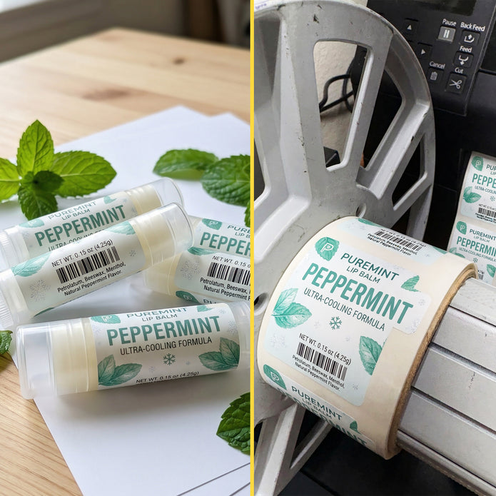 Peppermint lip balm packaging with mint leaves on a wooden surface and a roll of labels.