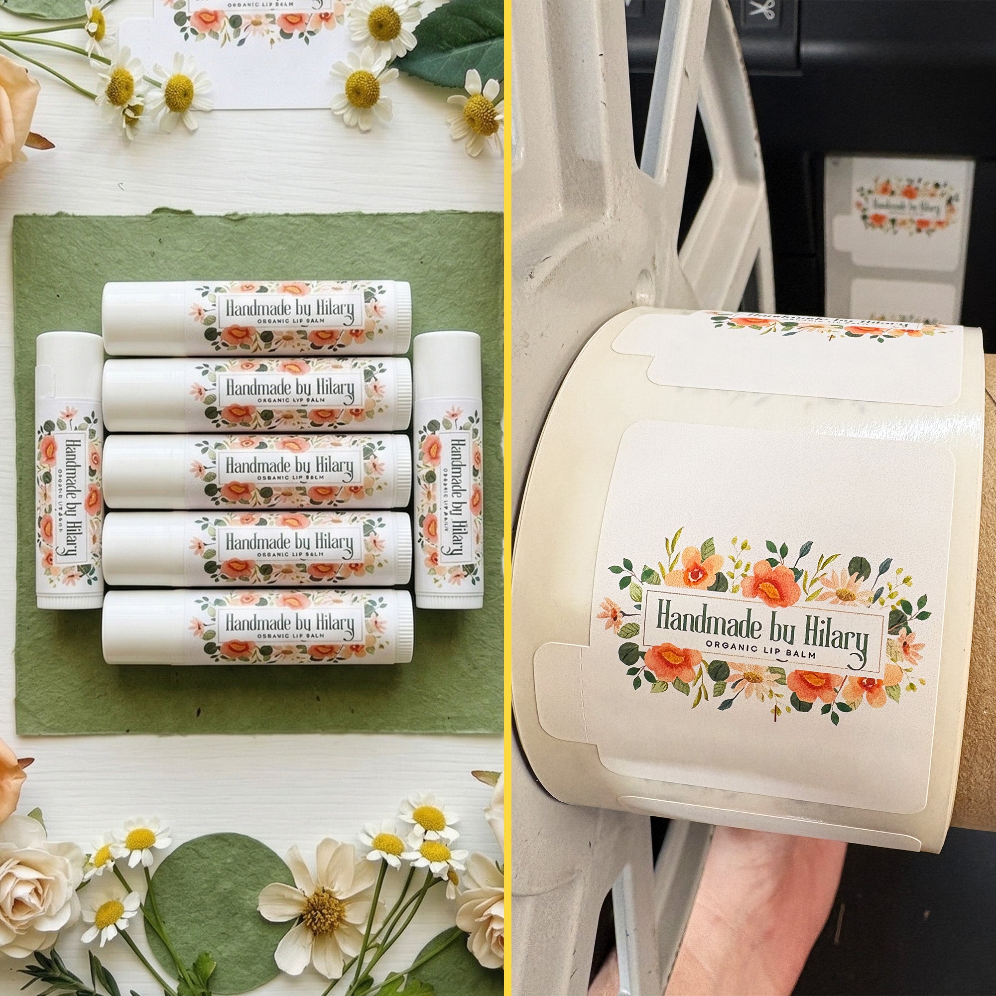 Collection of lip balm tubes with floral design and 'Handmade by Hilary' branding.