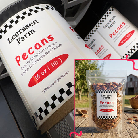 Leerssen Farm pecan rectangle label on a roll off the printer with a close-up of a bag of pecans with the label on it on a wooden table.