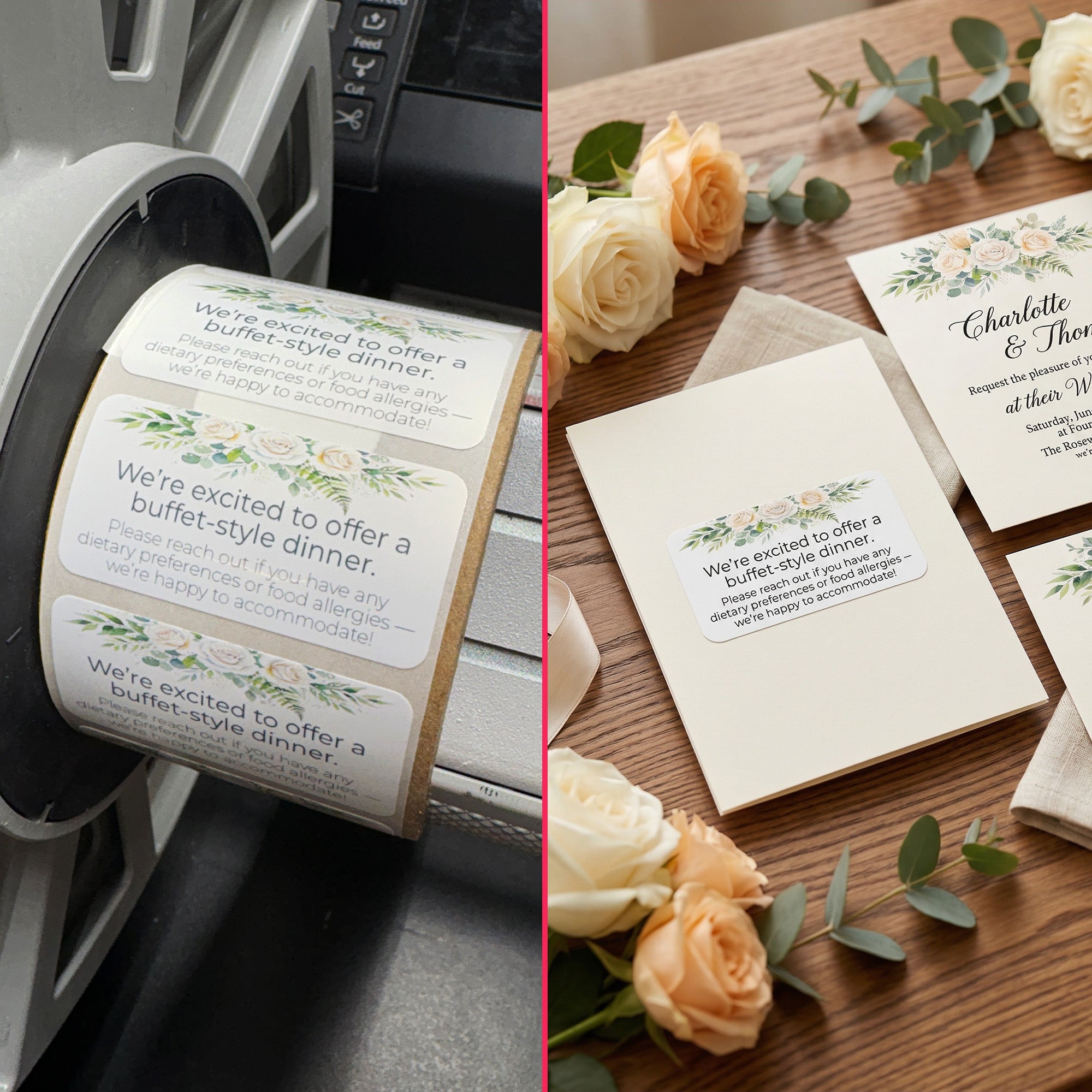 Roll of printed buffet-style dinner invitations with a printer and flowers on a wooden surface.