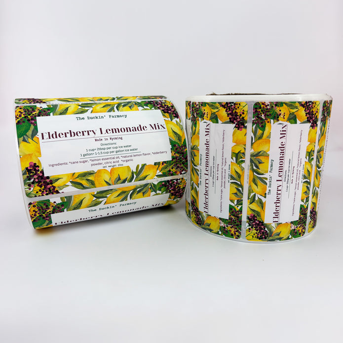 Two Elderberry Lemonade Mix roll labels with floral design on a white background