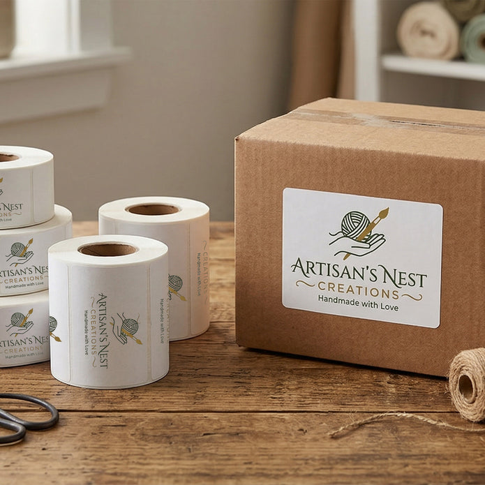 Rolls of paper and a cardboard box with 'Artisan's Nest Creations' branding on a wooden surface.