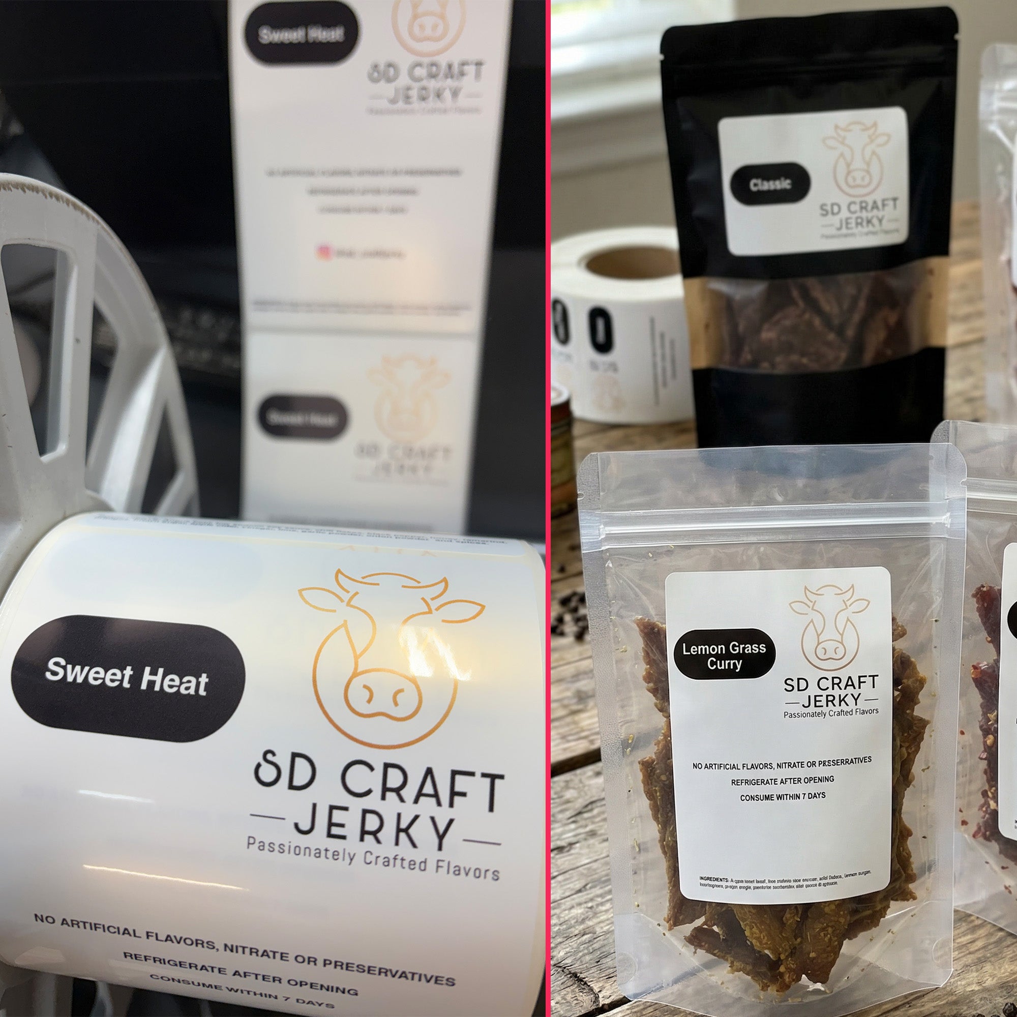 SD Craft Jerky packaging with 'Sweet Heat' and 'Lemon Grass Curry' labels on a wooden surface.
