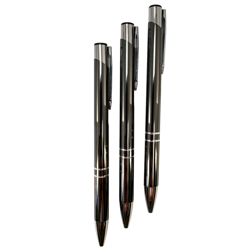 Set of black pens with metallic accents on a white background