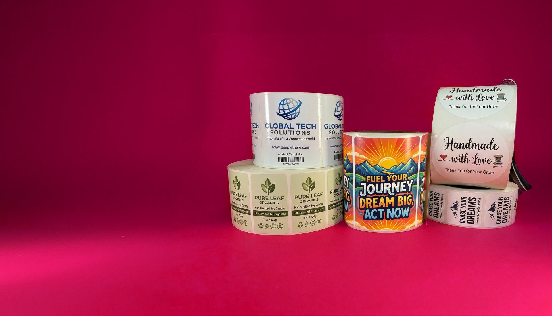 Collection of roll labels with different designs on a pink background
