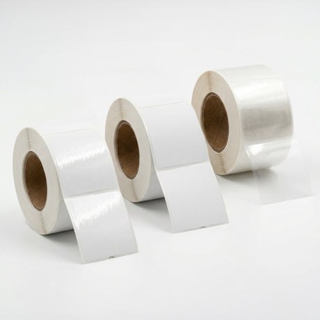 Four rolls of square sticker labels on a white background