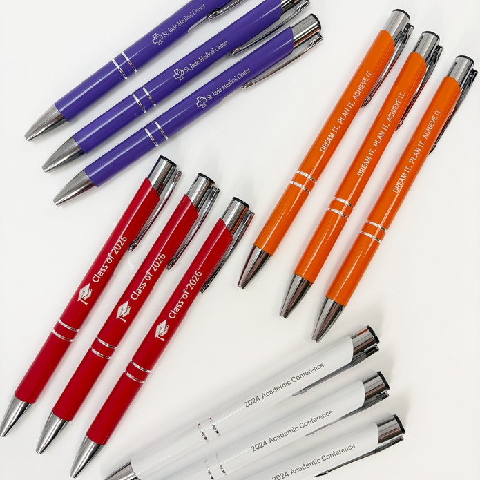 Set of pens in red, white, and orange with 'Class of 2016' and '2024 Academic Conference' text on a white background.