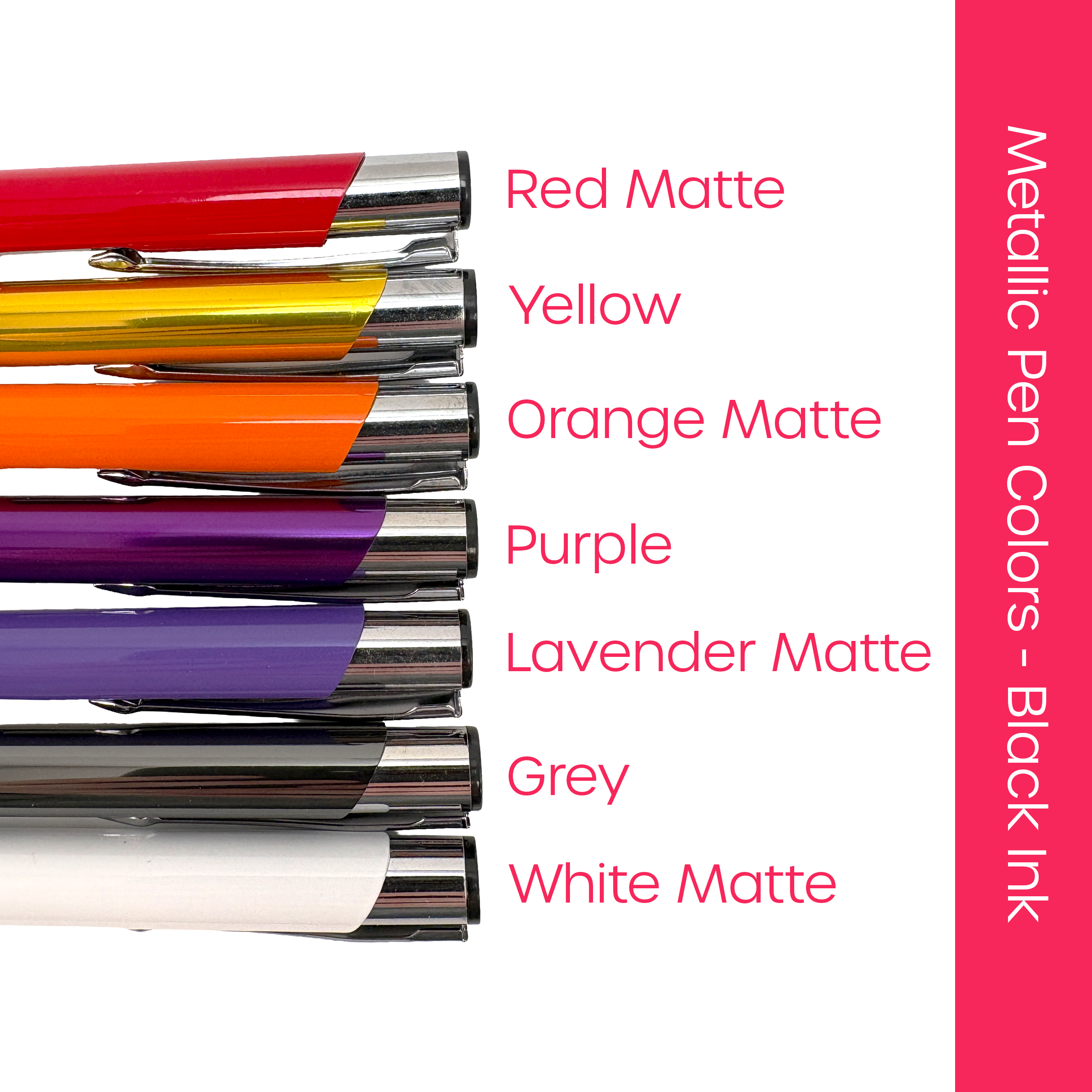 Set of metallic pens with color options listed on a white background