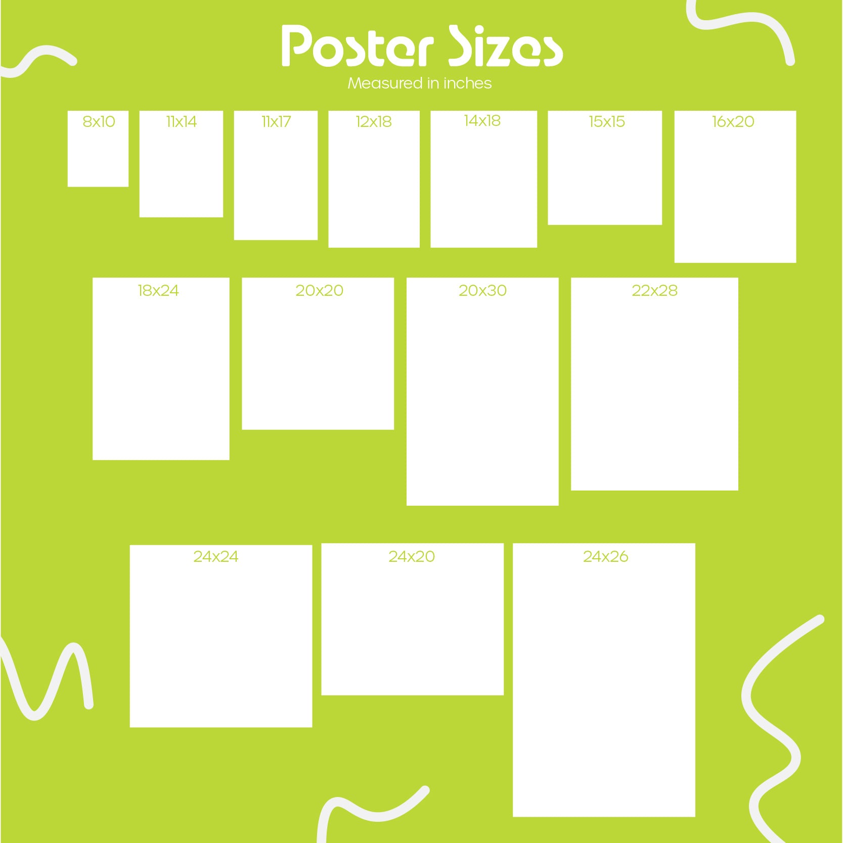Chart of various poster sizes on a green background