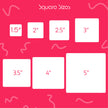 Illustration of square sizes on a pink background with wavy lines.