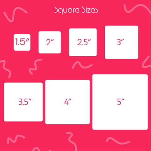 Illustration of square sizes on a pink background with wavy lines.
