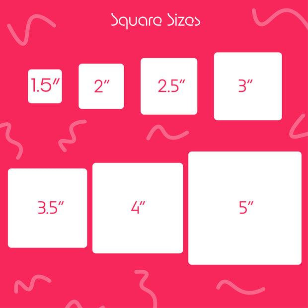 Illustration of square sizes on a pink background with wavy lines.