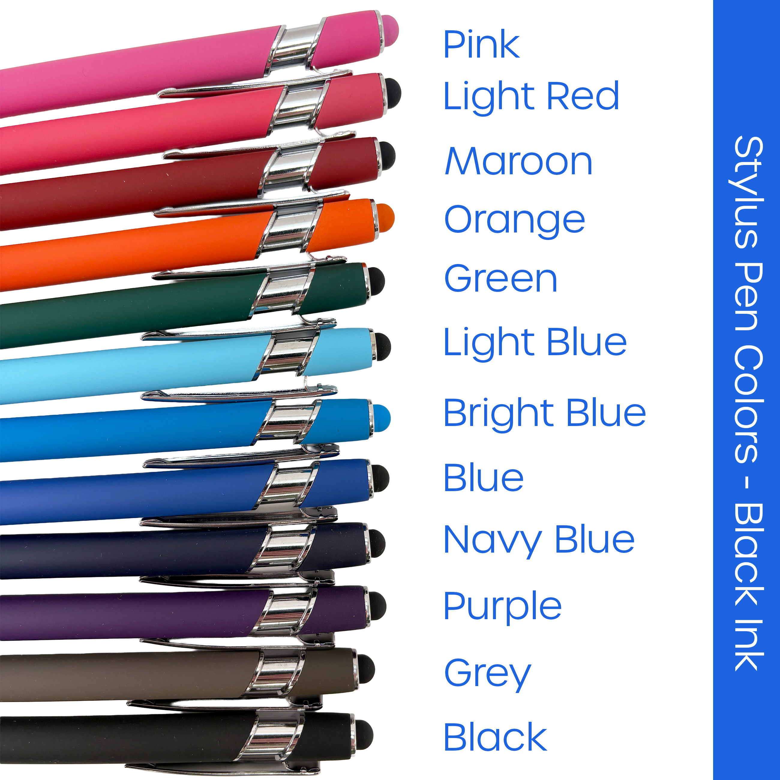 Stylus pens in various colors with color names listed next to them on a white background.