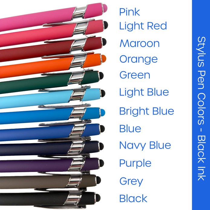 Stylus pens in various colors with color names listed next to them on a white background.