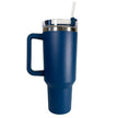 Blue insulated mug with handle and straw on a white background