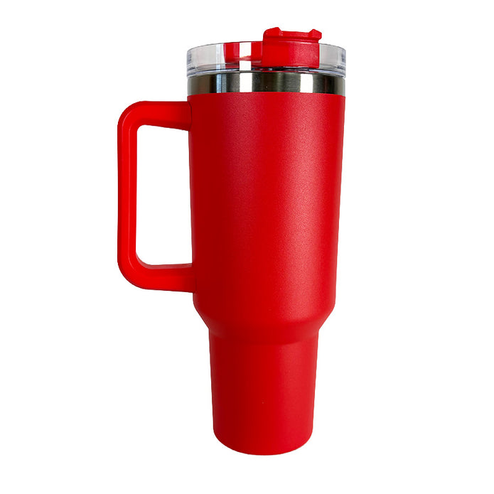 Red travel mug with a handle on a white background