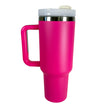 Pink travel mug with a white lid on a white background