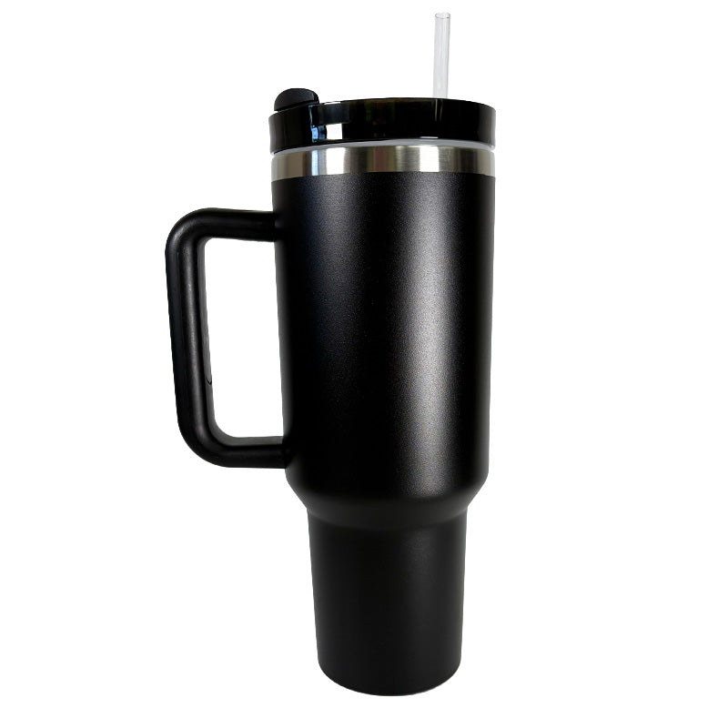 Black insulated travel mug with handle and straw on a white background