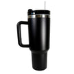 Black insulated travel mug with handle and straw on a white background