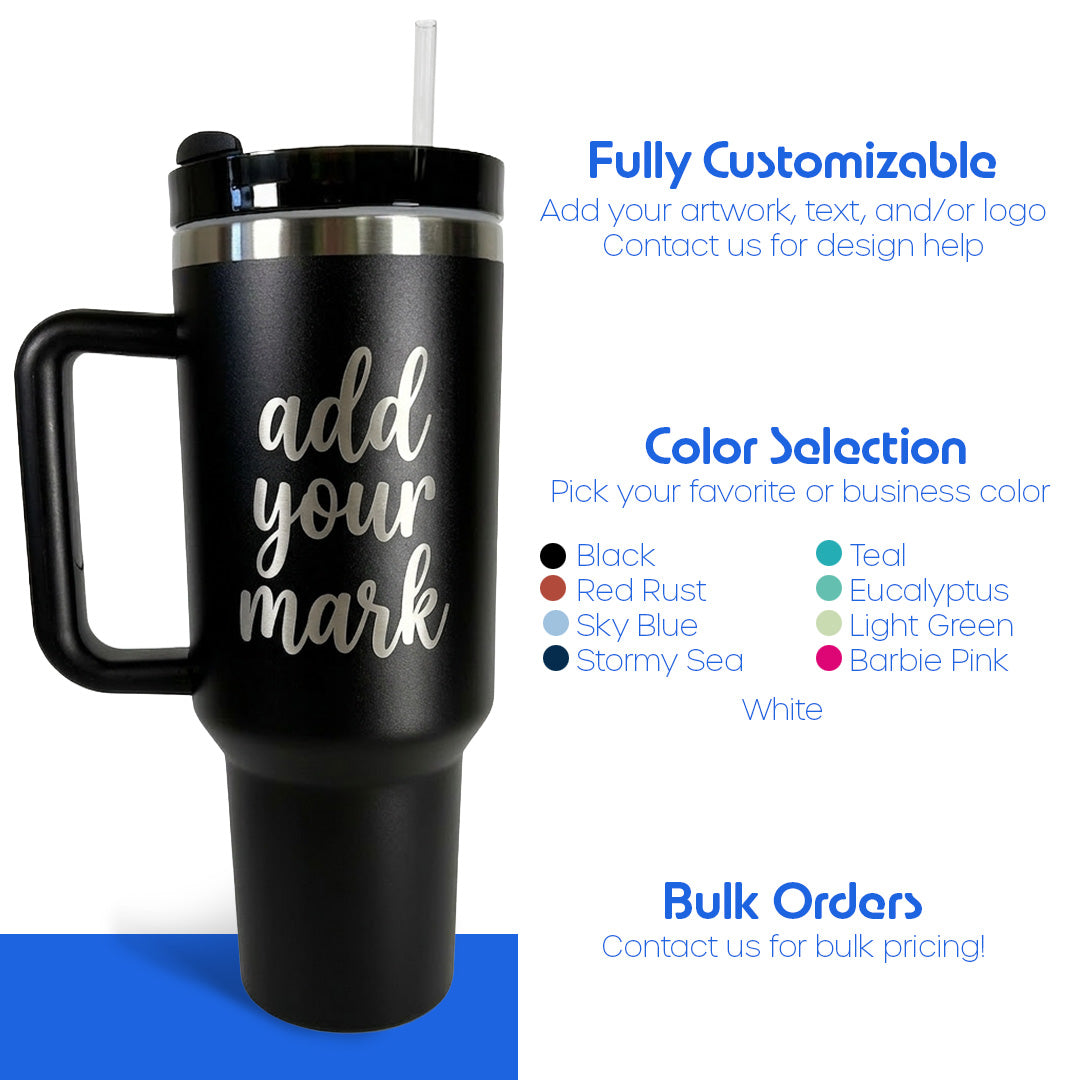 Black travel mug with customizable text on a white background