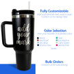 Black travel mug with customizable text on a white background