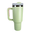 Light green travel mug with a handle on a white background