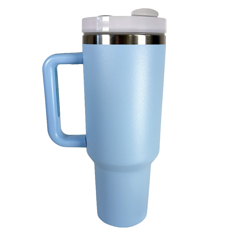 Light blue travel mug with a handle on a white background