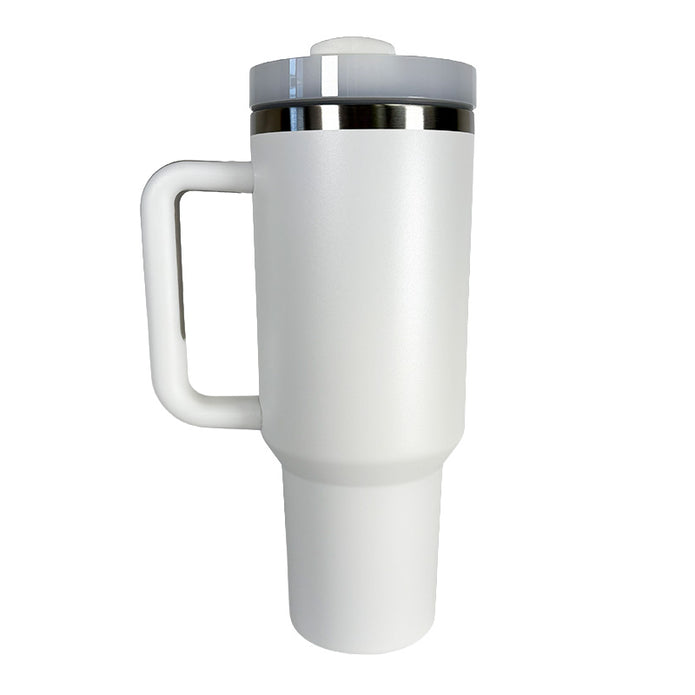 White travel mug with a silver lid on a white background