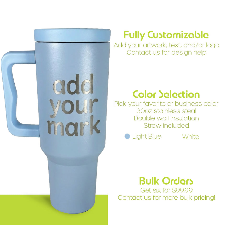 Light blue travel mug with customizable text on a white background