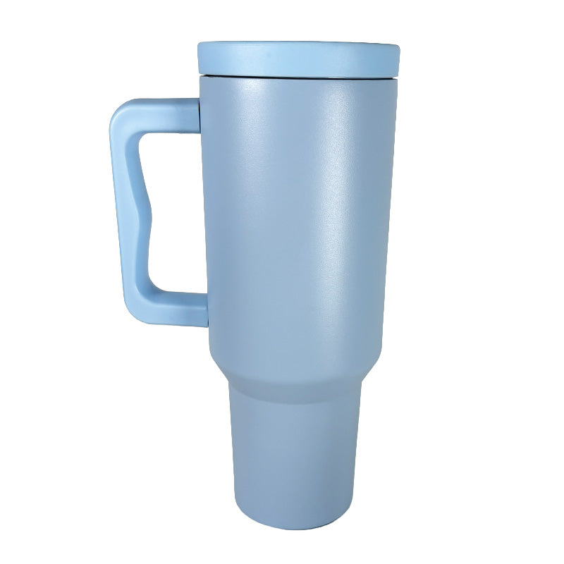 Light blue travel mug with handle on a white background
