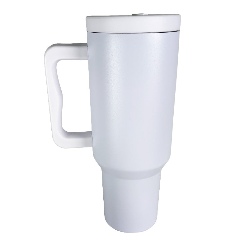 White travel mug with handle on a white background