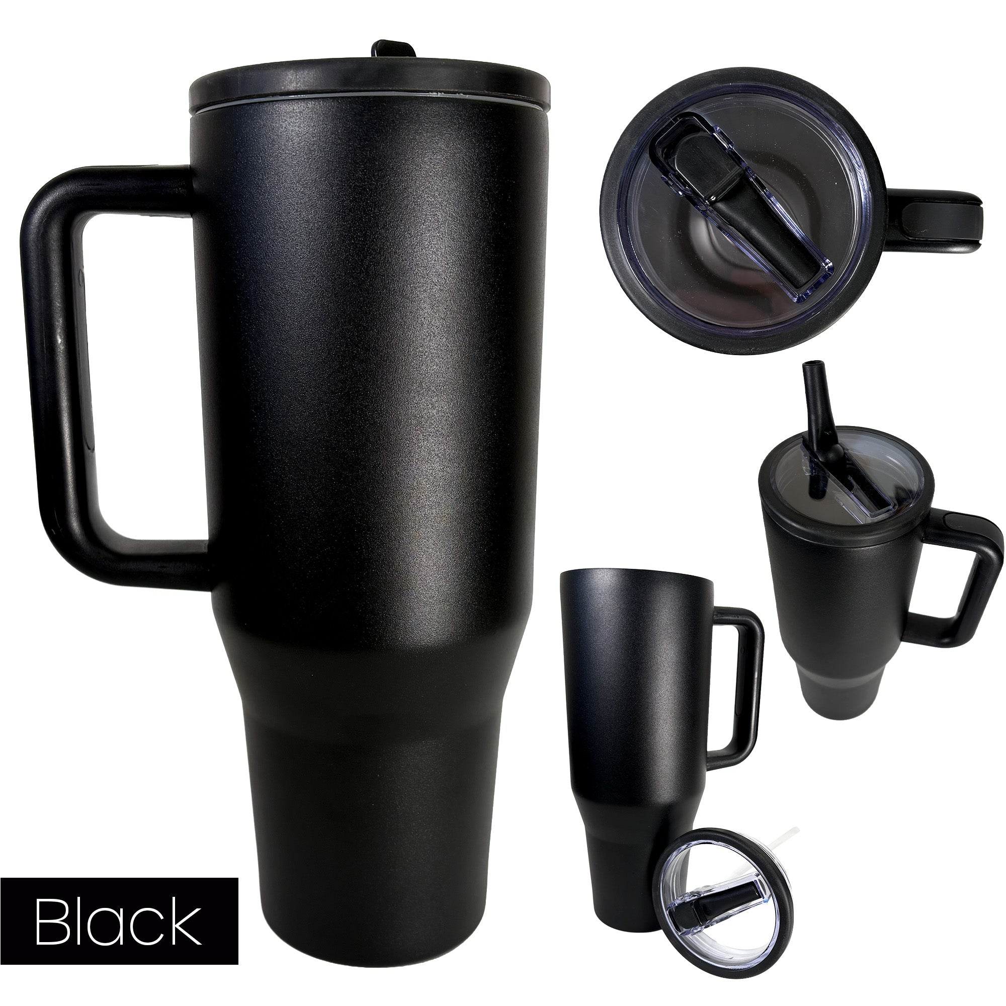black traveler tumbler from 4 different angles on a white background