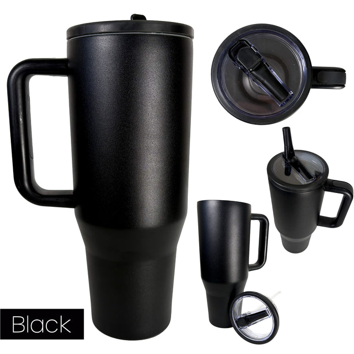 black traveler tumbler from 4 different angles on a white background