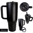 black traveler tumbler from 4 different angles on a white background
