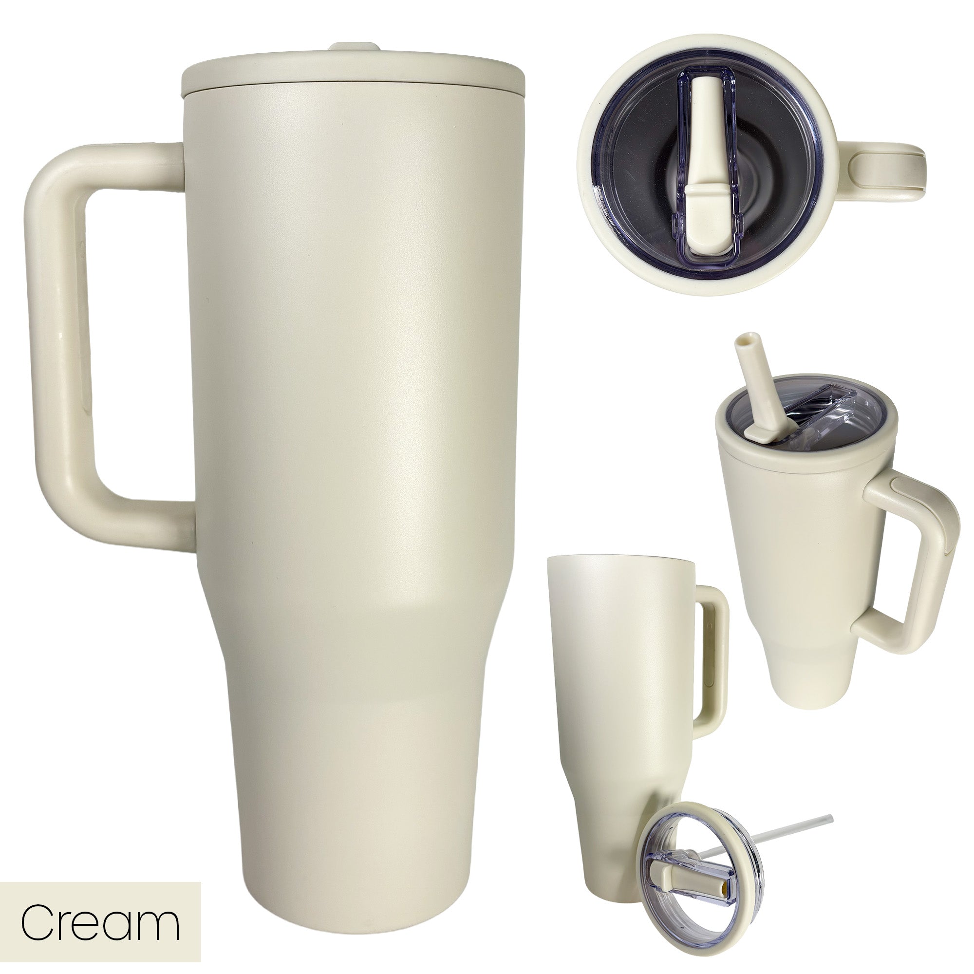 cream colored tumbler from 4 different angles on a white background
