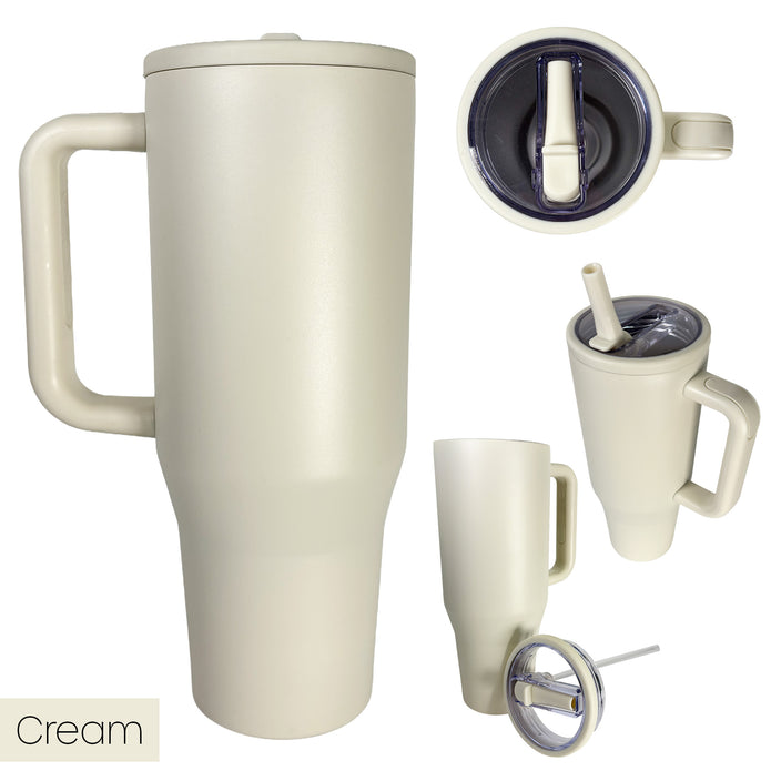 cream colored tumbler from 4 different angles on a white background