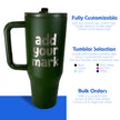 Green travel mug with 'add your mark' text on a white background