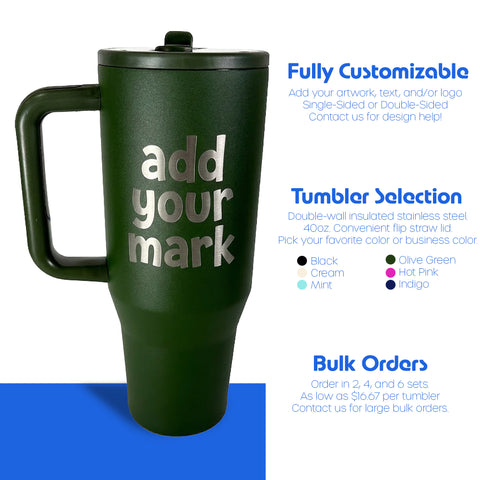 Green travel mug with 'add your mark' text on a white background