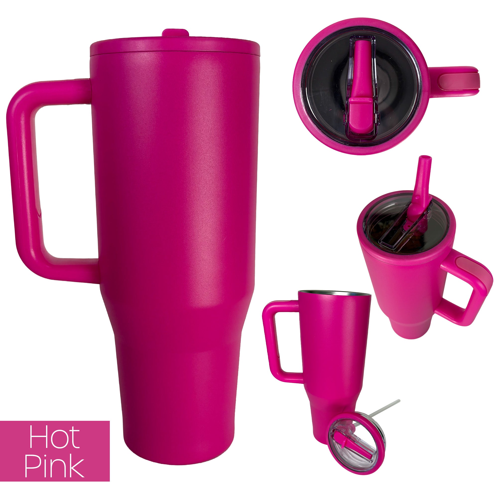 hot pink travel tumbler from 4 different angles on a white background