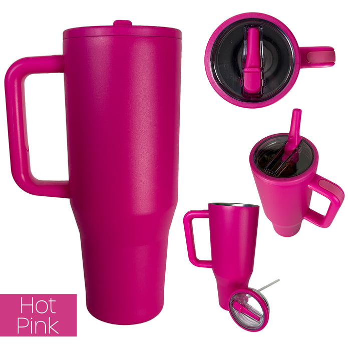 hot pink travel tumbler from 4 different angles on a white background