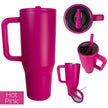 hot pink travel tumbler from 4 different angles on a white background