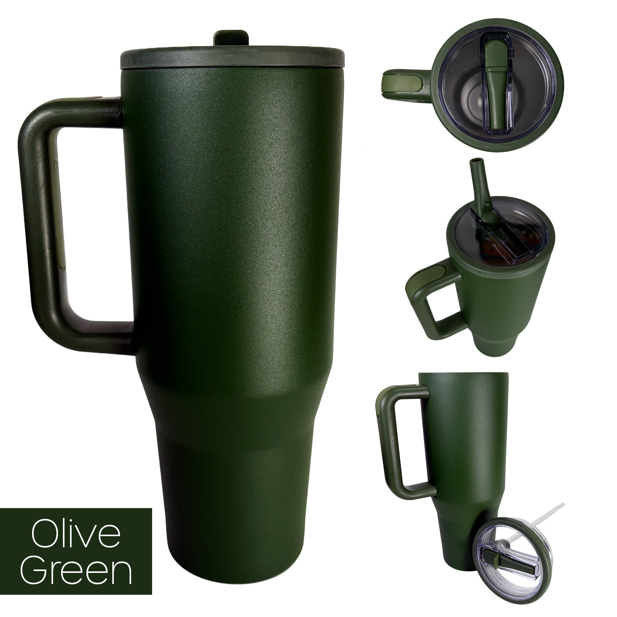 olive green traveler mug from 4 different angles on a white background