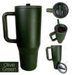 olive green traveler mug from 4 different angles on a white background