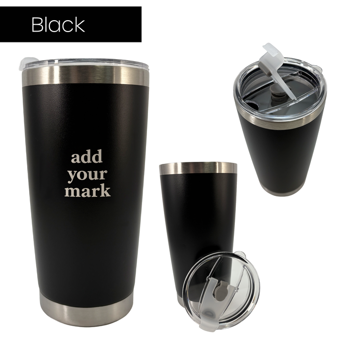 Black insulated tumbler with lid from 3 different angles on a white background